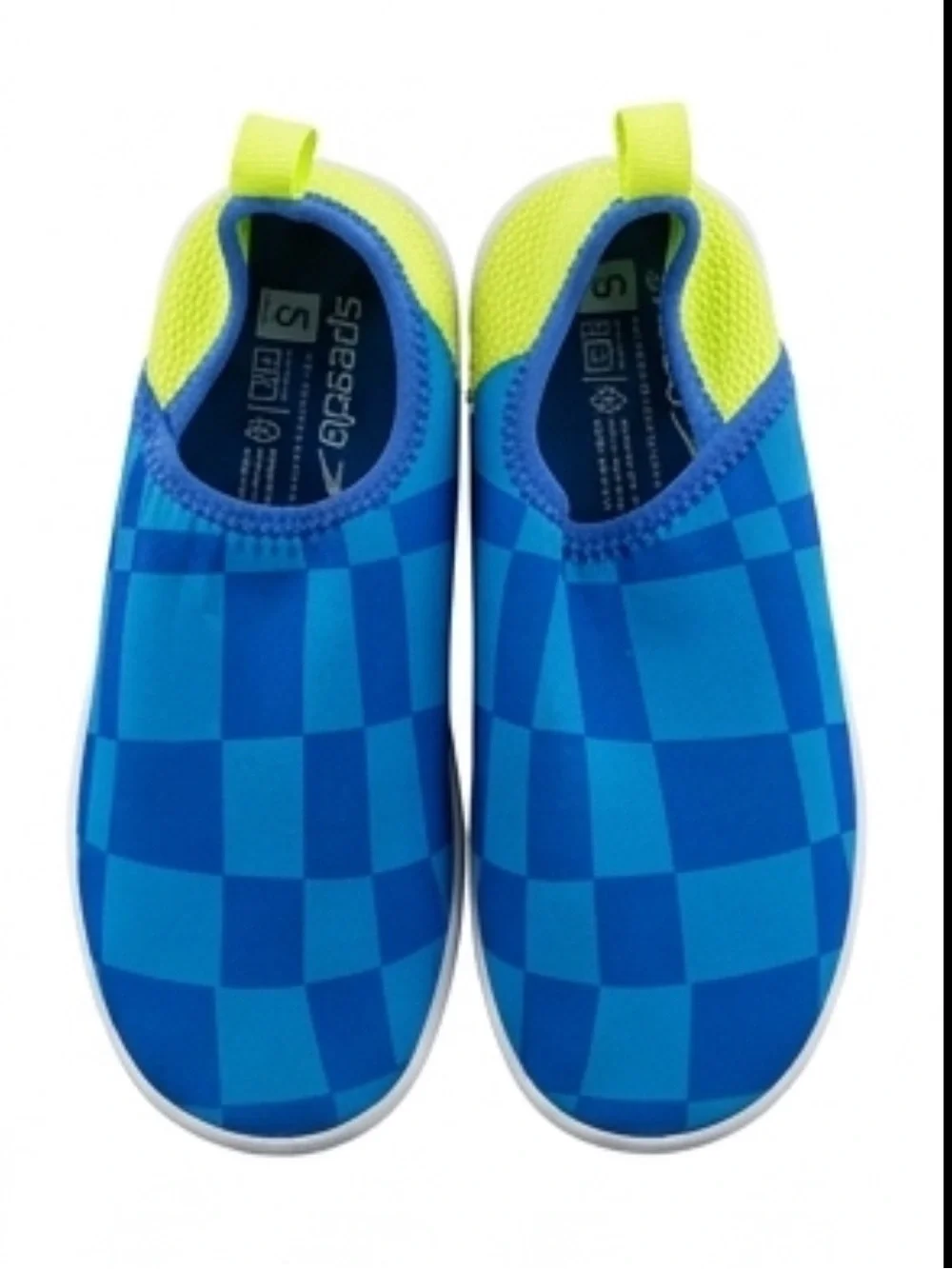 Speedo Blue Checkered Kids Slip-On Water Shoes w/ Neon Yellow Trim Size S